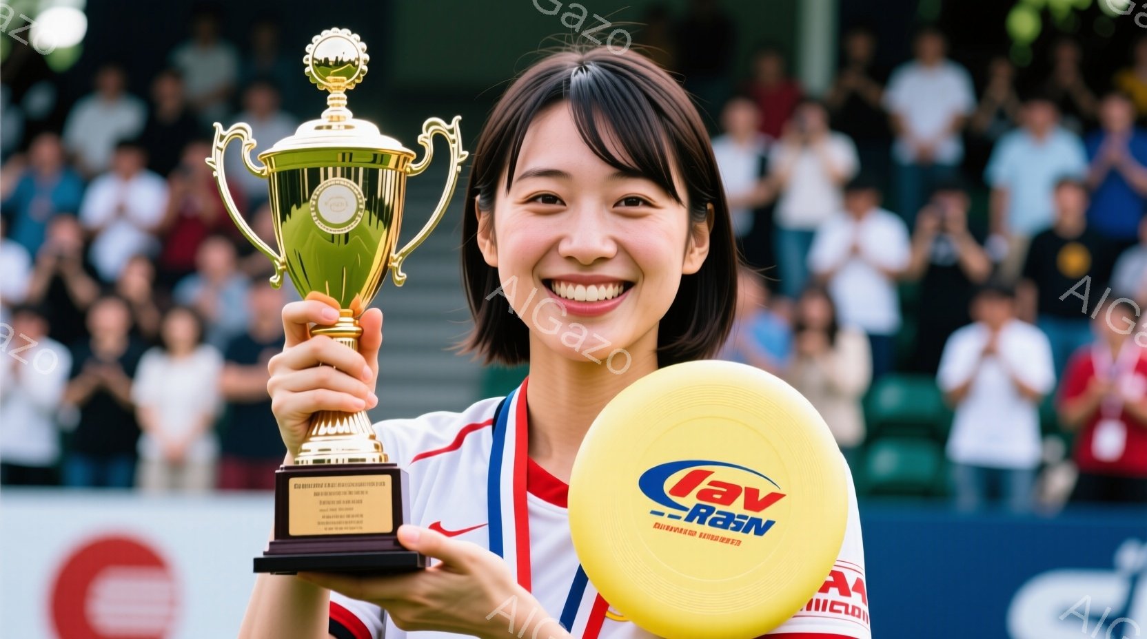 金色のトロフィーとフリスビーを持つ若い女性が写っています。彼女は白いポロシャツに赤いラインが入った服を着ており、髪は後ろでポニーテールに結ばれています。背景にはぼやけた観客席と緑のフィールドが見え、彼女は満面の笑みを浮かべており、勝利の喜びと達成感を表現しています。