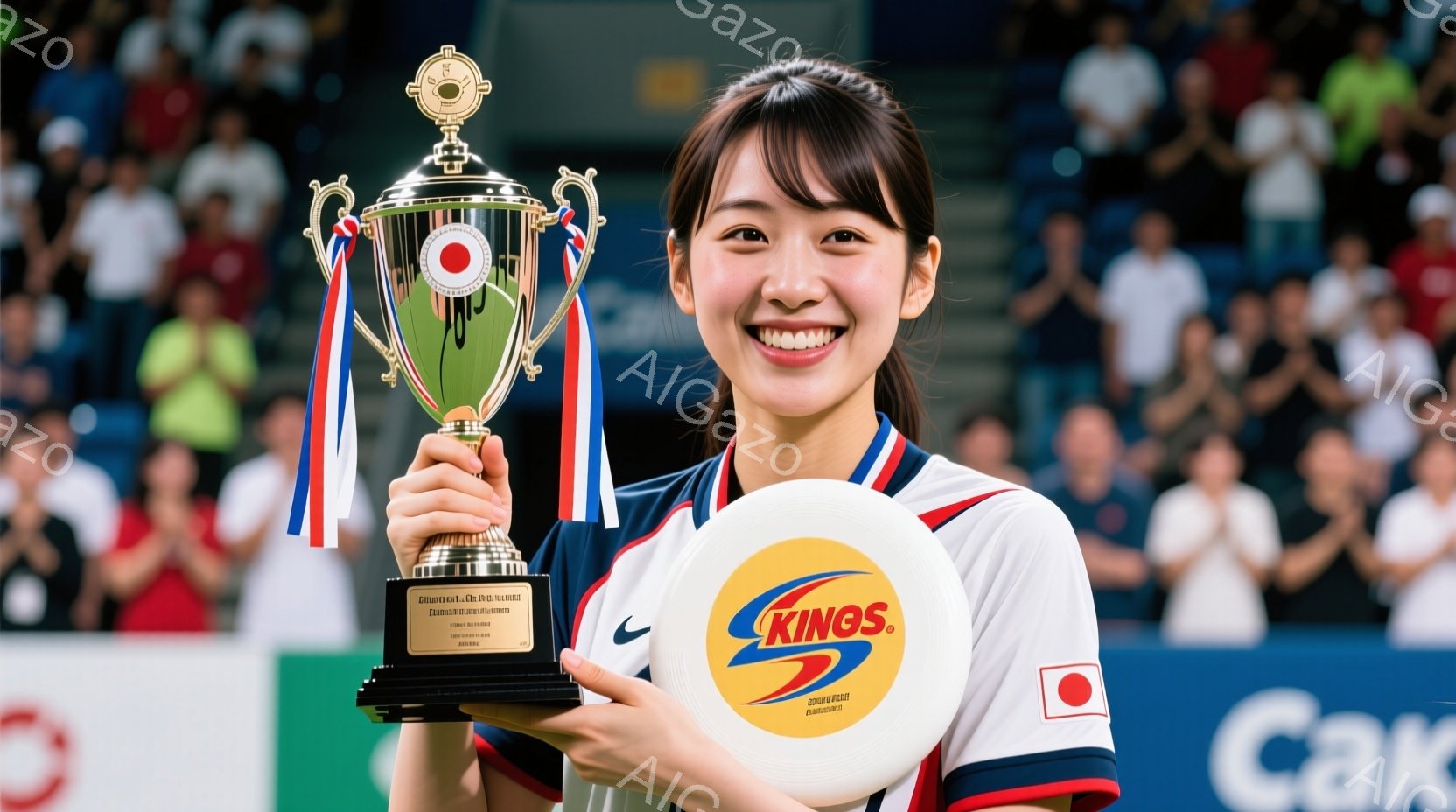 若い女性が、銀色のトロフィーとフリスビーを手に微笑んでいます。彼女は白い襟付きのシャツに青いズボンを着用し、髪は後ろでポニーテールに結ばれています。背景には、観客席とぼやけた観客の姿が見え、勝利の祝賀会の雰囲気です。