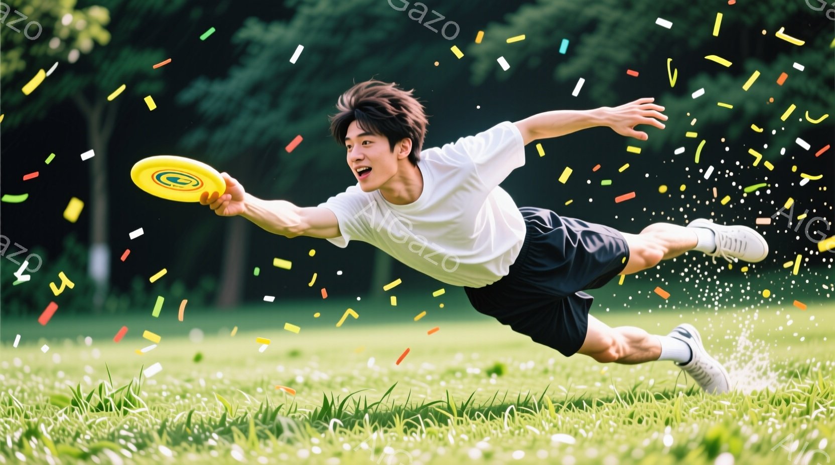 若い男性が緑の芝生の上でフリスビーをキャッチしようとして体を投げ出している様子が写っている。彼は白のTシャツと黒のショートパンツを身につけ、髪は少し無造作に跳ねている。背景には木々が見え、明るい晴天で - AI生成フリー素材