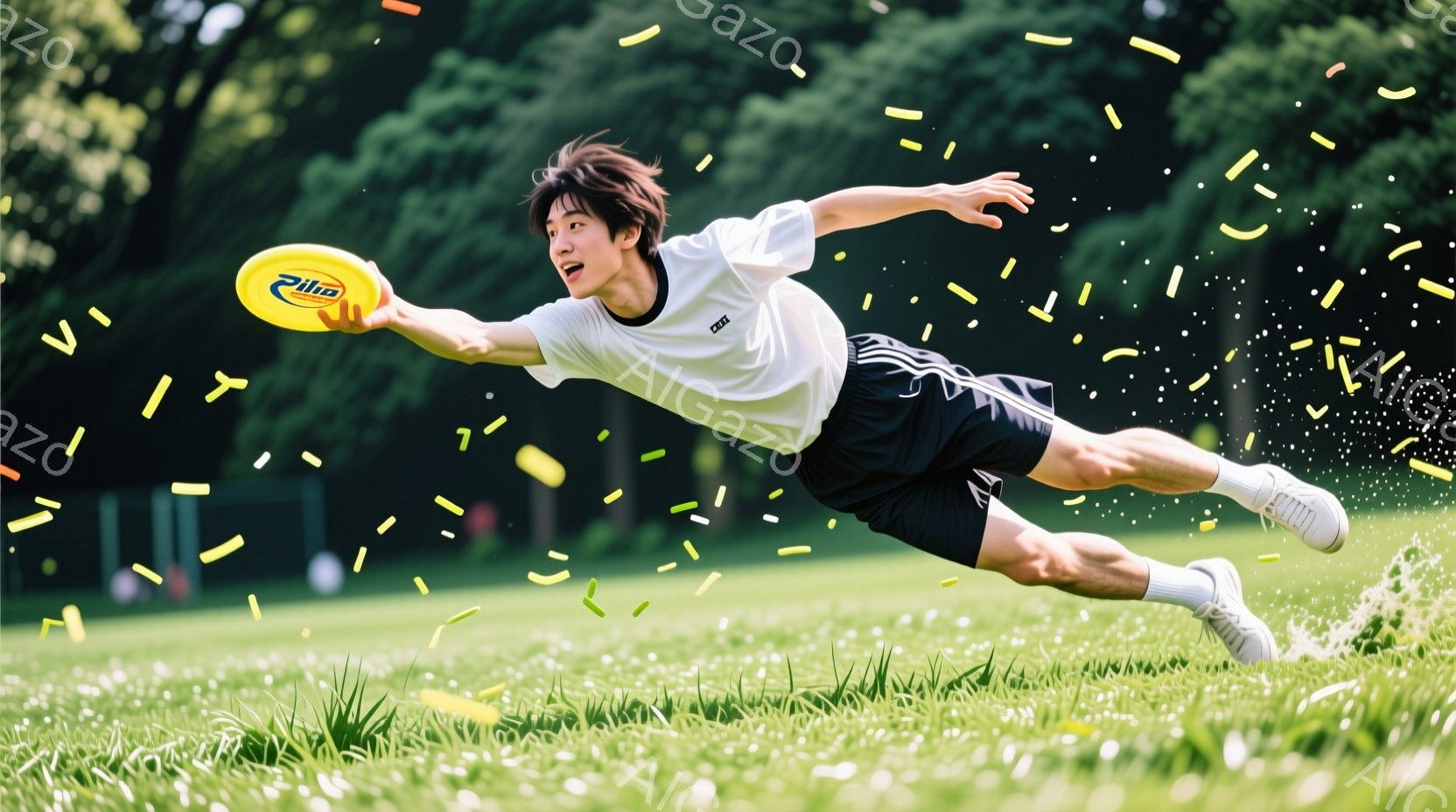 若い男性が緑の芝生の上でフリスビーをキャッチしようと、体を伸ばして空中で姿勢を保っています。白のTシャツに黒のショーツ、スニーカーを履き、黒髪を少し無造作にしています。背景には木々が見え、晴れた日の屋 - AI生成フリー素材