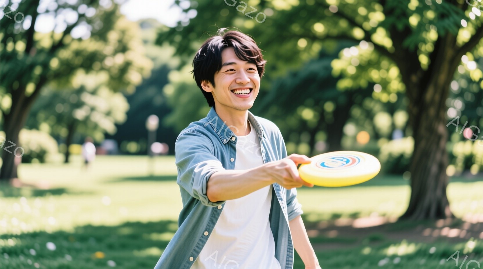若い男性が芝生の上でフリスビーを投げようとしています。彼は白いTシャツと水色のシャツを着ており、短く整えられた黒髪で、笑顔を浮かべています。背景には緑豊かな木々が生い茂り、晴れた日の穏やかな屋外の雰囲 - AI生成フリー素材