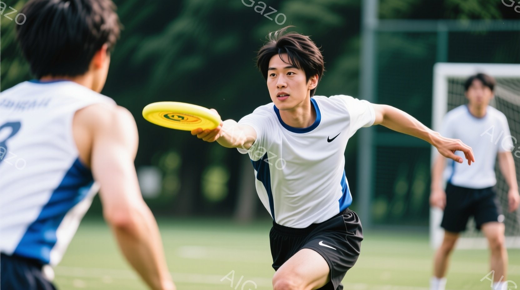 若い男性がフリスビーを投げている瞬間を捉えた写真です。彼は白いシャツに黒い短パン姿で、髪は短く整えられ、真剣な表情でフリスビーを見つめています。背景には緑の芝生とネット、そしてぼやけた他の選手が見え、 - AI生成フリー素材