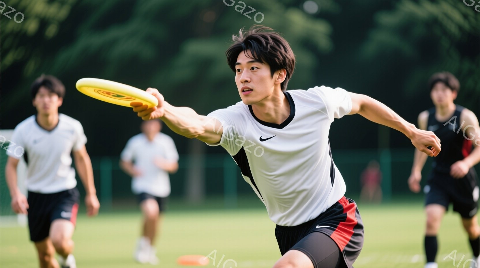 若い男性がフリスビーを投げている瞬間を捉えた写真です。彼は黒い縁取りのある白いTシャツと黒い短パンを着用し、髪は短く整えられています。背景には緑の芝生と他の選手たちがぼやけており、晴れた日の屋外でのス - AI生成フリー素材