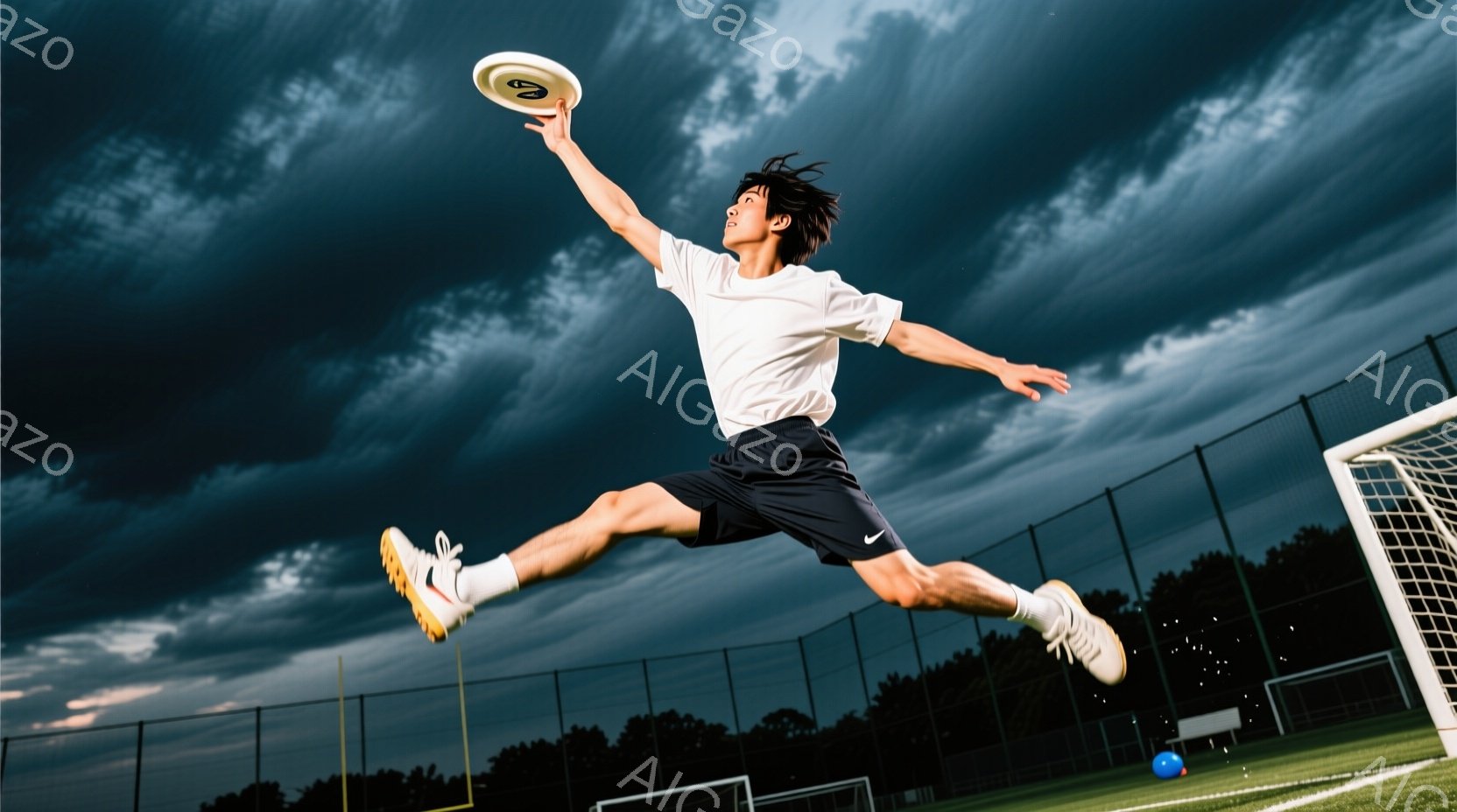 空中でディスクをキャッチしようとしている若い男性が写っています。彼は白いTシャツ、黒いショートパンツ、そしてスニーカーを着用しており、髪は少し長めです。背景には緑の芝生、フェンス、そして暗く雲が多い空 - AI生成フリー素材