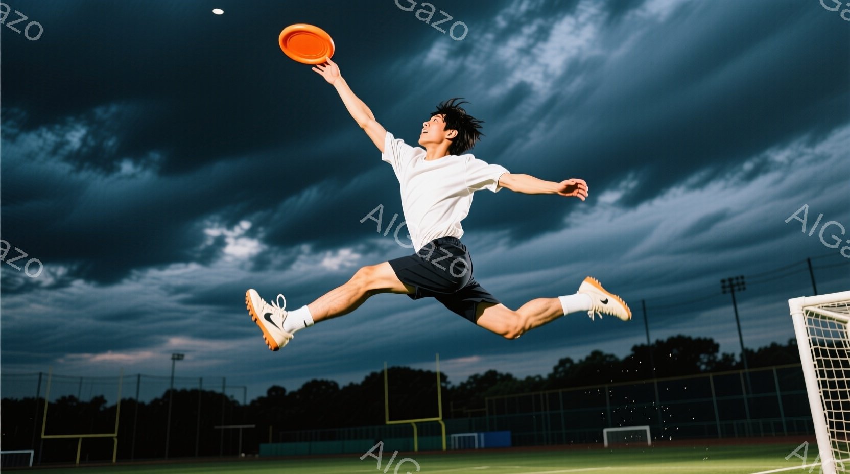 空中で体を大きく広げ、フリスビーを掴もうとする若い男性が写っている。彼は白の半袖シャツと黒の短パンを着用し、動きやすいスニーカーを履いている。背景はサッカーコートで、夕暮れ時の曇天が広がっており、全体 - AI生成フリー素材
