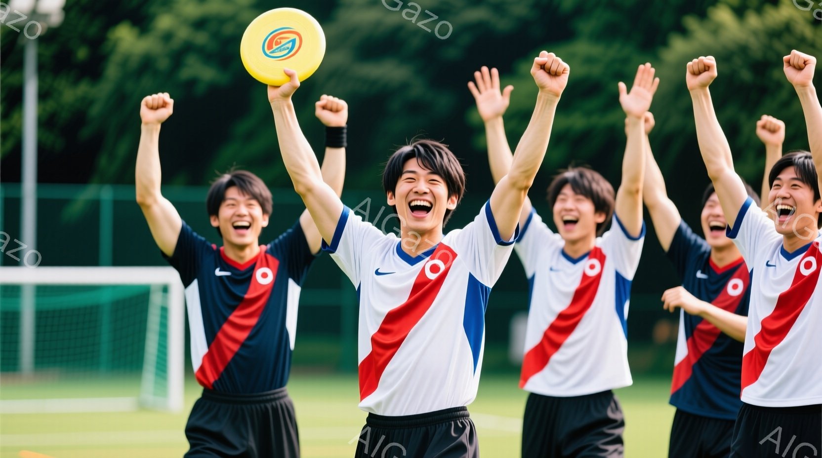 5人の若い男性が、青い芝生のある屋外のサッカー場に立っています。彼らは皆、白地に赤と青のストライプが入ったサッカーシャツと黒いショートパンツを着ており、腕を高く上げて歓声を上げています。背景には緑のサッカーゴールと木々が見え、晴天の下、勝利や喜びの雰囲気が漂っています。