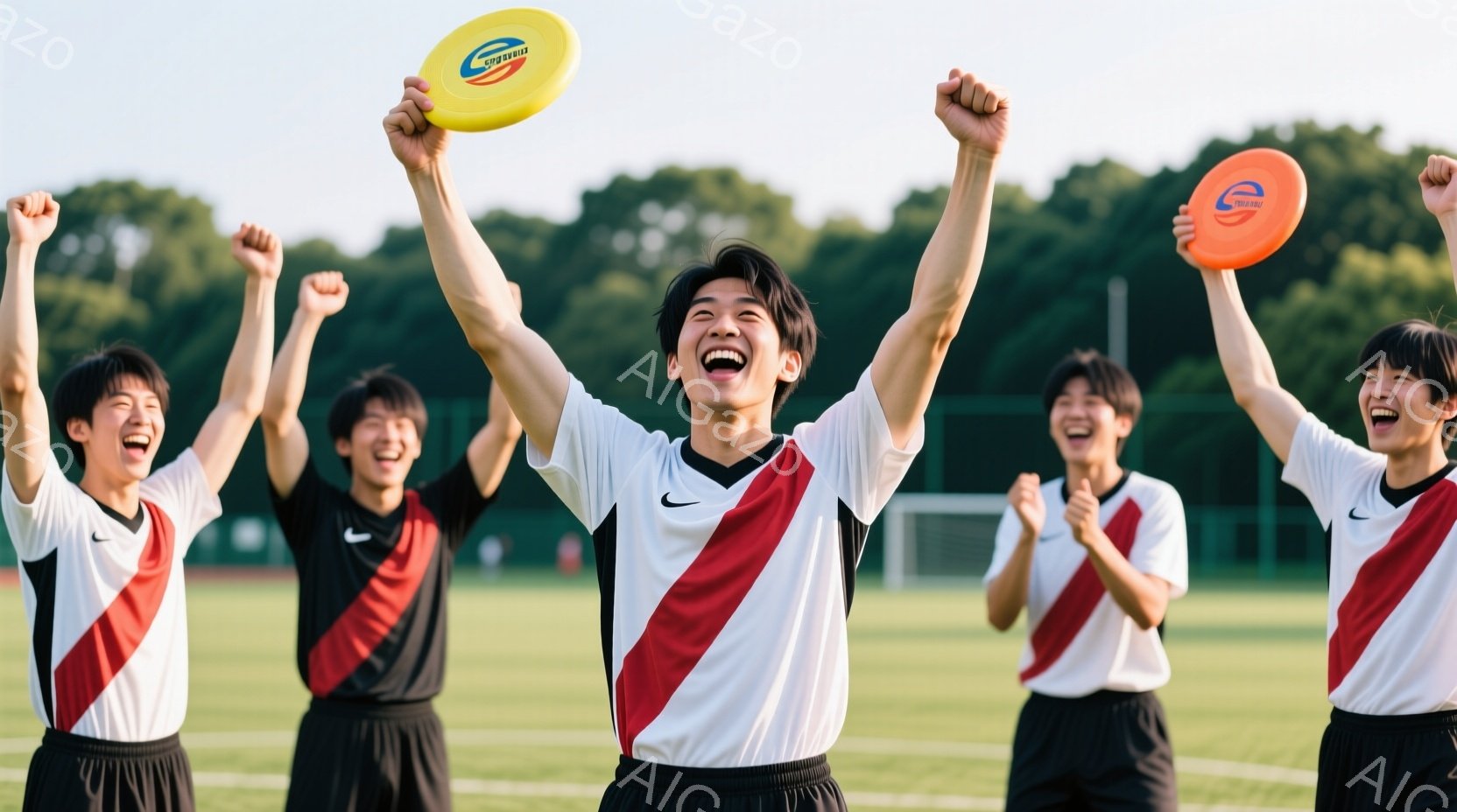 五人の若い男性が、緑色の芝生のフィールドで勝利を祝っている。彼らは皆、赤と白のストライプが特徴の黒い短パンと白いシャツを着ており、顔は喜びで輝いている。背景には緑豊かな木々があり、晴れた空と穏やかな日 - AI生成フリー素材