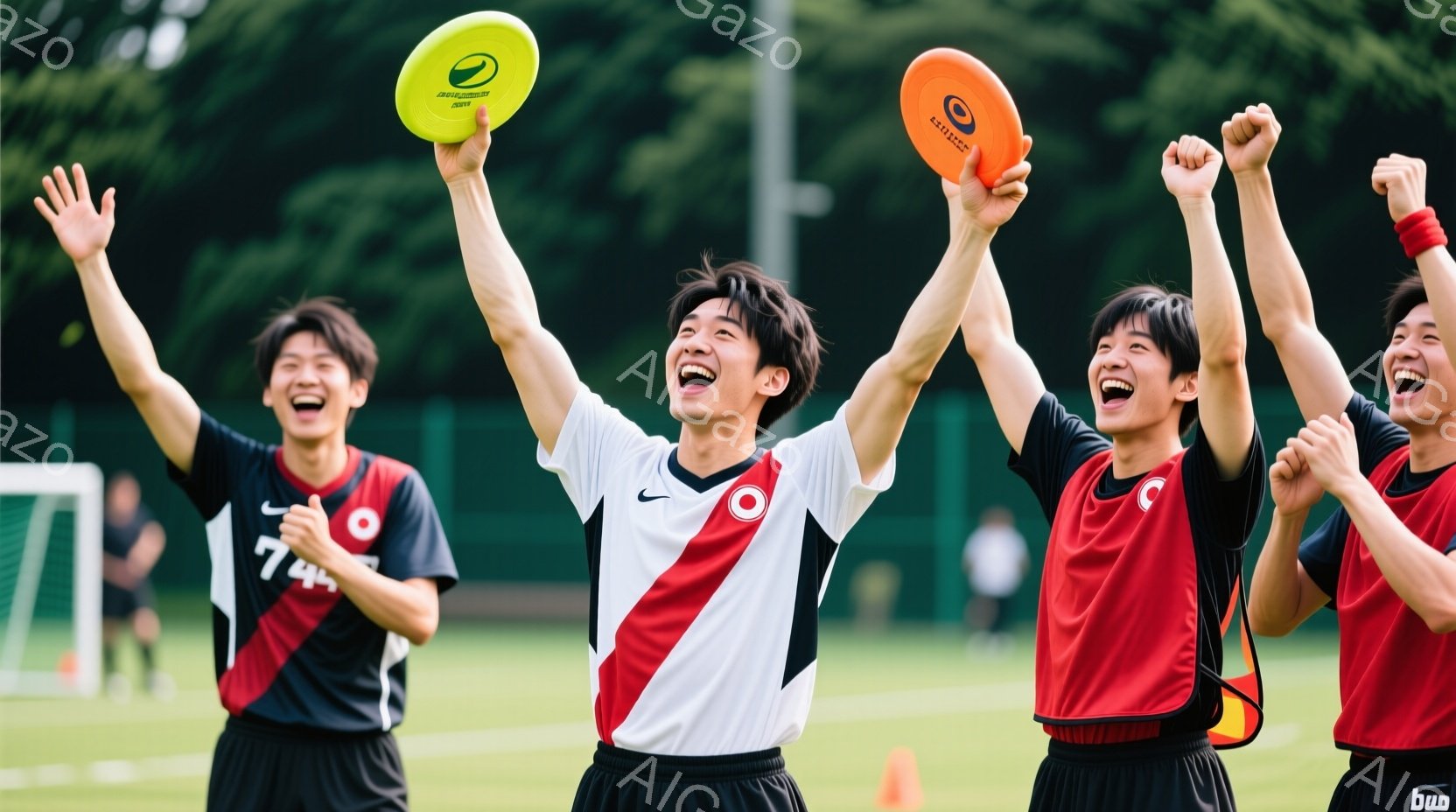 ３人の若い男性がサッカーコートで喜びのポーズをとっています。彼らは黒と赤のストライプのユニフォームと黒のショーツを着用しており、髪型は短髪で、顔には満面の笑みが浮かんでいます。背景には緑の芝生、木々、 - AI生成フリー素材