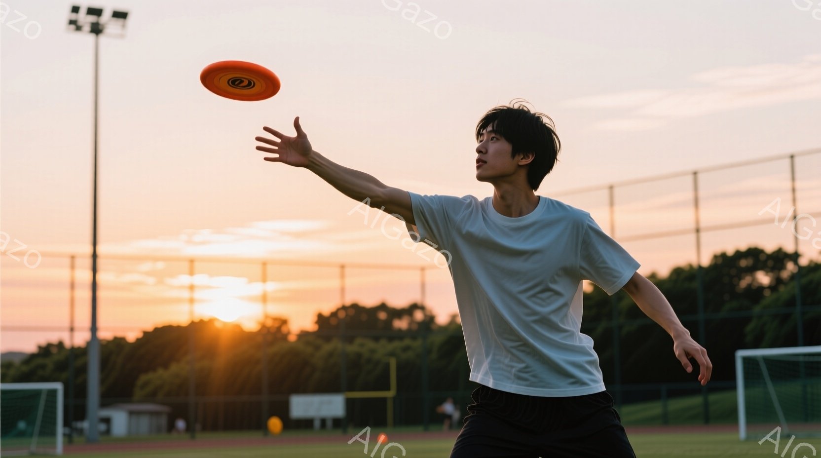 白いTシャツと黒いズボンを身につけた若い男性が、フリスビーを投げる動作をしています。彼の髪は短く、やや前傾姿勢で、夕焼けを背景に力強い印象を与えています。背景には緑豊かな木々やサッカーゴール、そしてオ - AI生成フリー素材