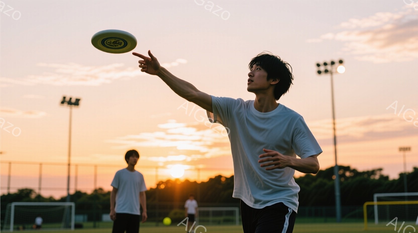 夕焼けを背景に、若い男性がフリスビーを投げようとしている瞬間を捉えた写真です。白いTシャツと黒い短パン姿で、髪は無造作に伸び、真剣な表情で腕を伸ばしています。背景にはサッカーゴールと緑豊かな木々、そし - AI生成フリー素材