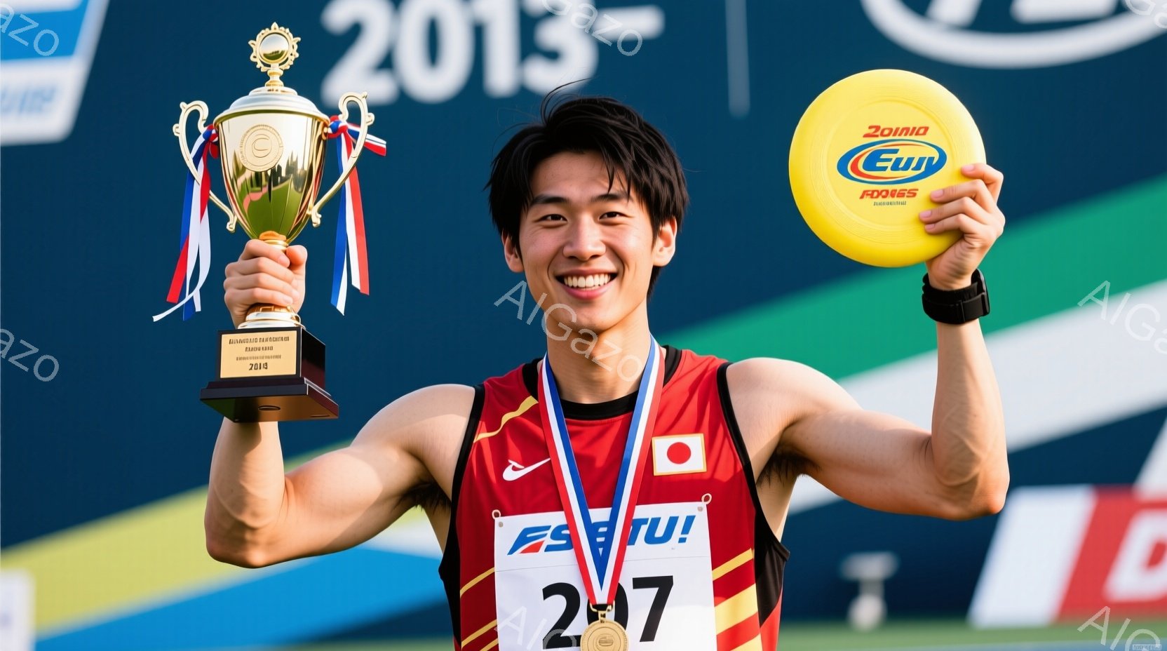 競技者が表彰台で勝利を喜び、片手にトロフィー、もう片手に黄色いスポンジボールを持っています。彼は赤いタンクトップと黒いショーツを着用し、首には金色のメダルとリボンがかけられています。背景には「2013」と書かれた看板が見え、晴天の下、競技場の雰囲気が伝わってきます。