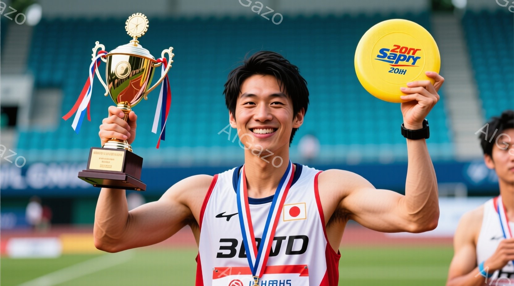 競技場を背景に、日本の選手が優勝トロフィーと黄色いボールを高く掲げて喜んでいます。彼は黒のランニングウェアに赤いラインと日本の国旗のマークが入っており、短髪で笑顔を見せています。背景には観客席と緑の芝 - AI生成フリー素材