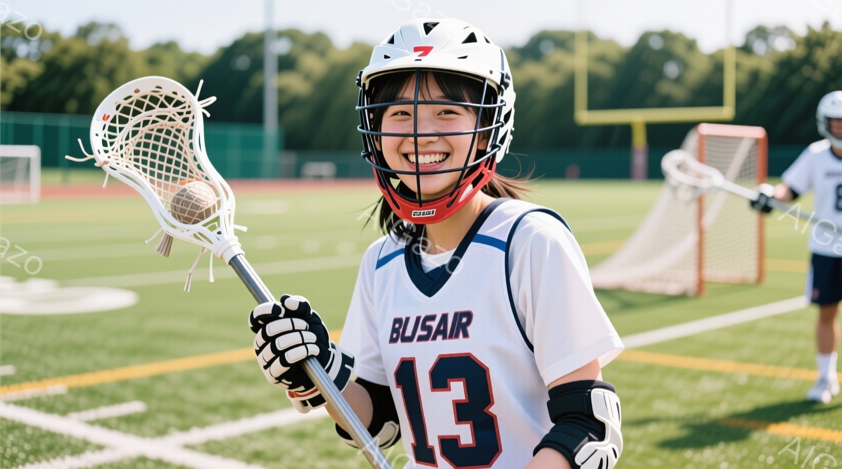 若い女性は、白とネイビーのラクロスユニフォームとヘルメットを着用し、ラクロススティックをしっかりと握り、満面の笑みを浮かべています。背景には緑の芝生とラクロスのゴールが見え、晴れた日の屋外での練習や試合の様子が伺えます。全体的に、明るく活気のある、スポーティーな雰囲気が漂っています。