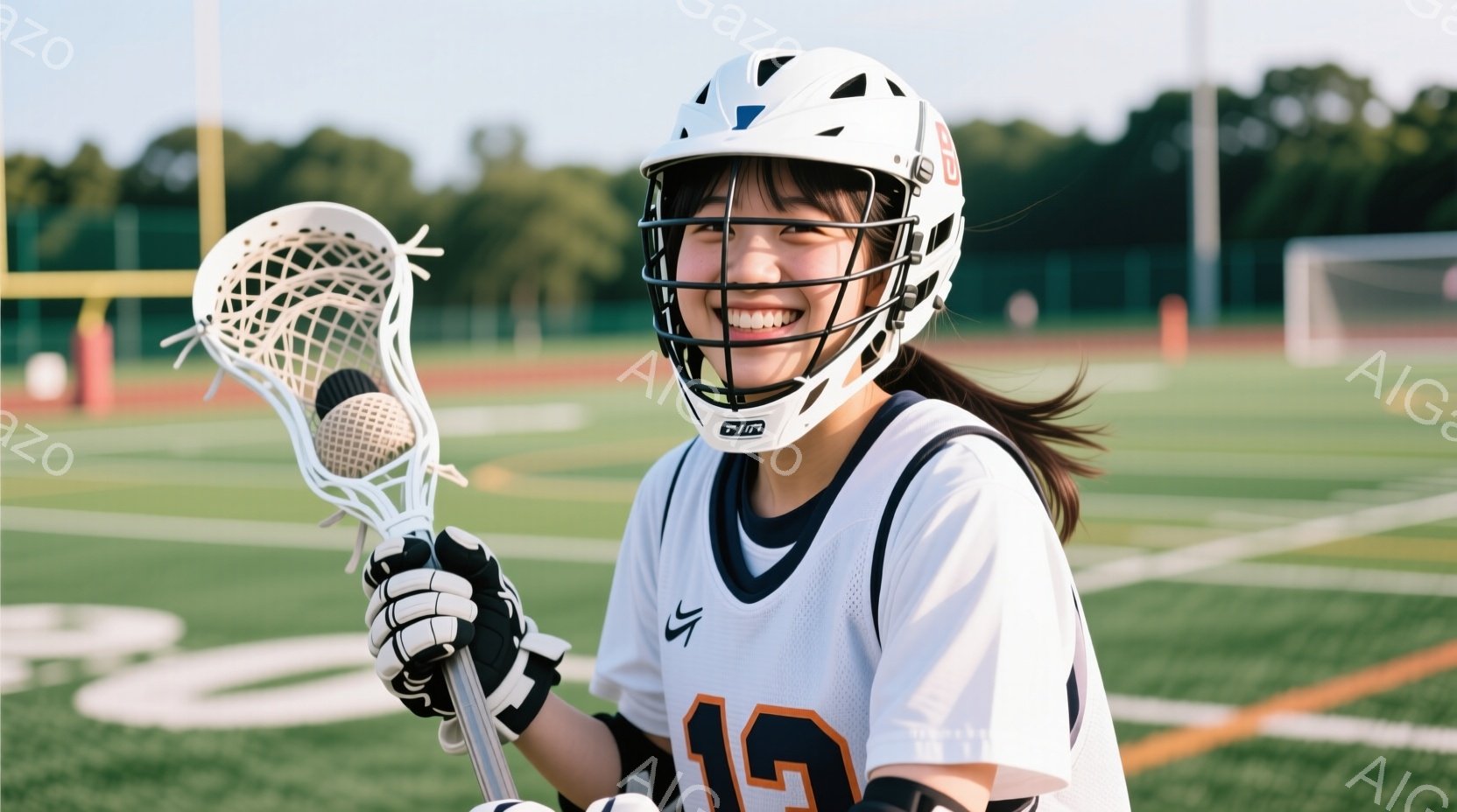 ラクロスをする若い女性が写っている。彼女は白のヘルメット、黒と白のラクロスのユニフォーム、黒の手袋を着用し、笑顔でラクロススティックを持っている。背景は緑の芝生と、遠くにぼやけた建物や木々が見える晴れ - AI生成フリー素材