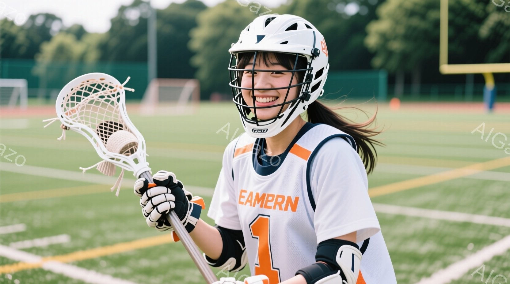 ラクロスをする若い女性が写っています。彼女は白いヘルメットと黒の手袋を着用し、オレンジ色の数字「1」が入った白いラクロスのユニフォームを着ています。背景は緑の芝生と木々があり、晴れた日の屋外での活動を - AI生成フリー素材