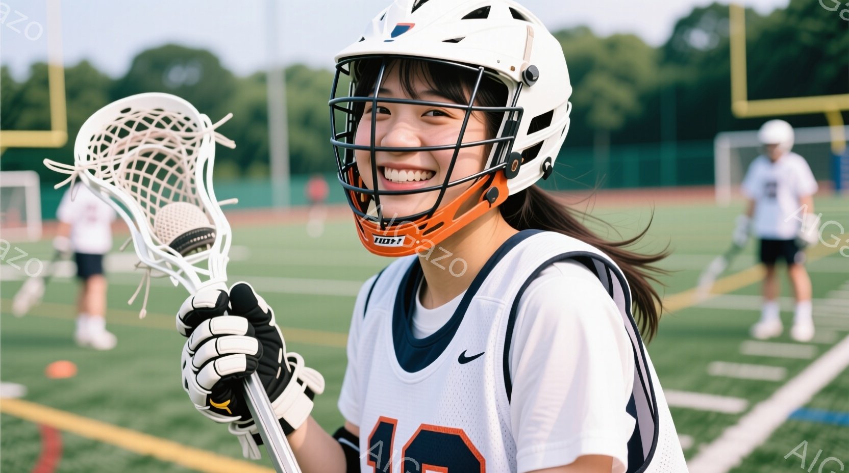 ラクロスをする女性が写っており、黒とオレンジのユニフォームとヘルメットを着用しています。彼女はラクロススティックを高く掲げ、満面の笑みを浮かべており、元気で活気のある雰囲気を醸し出しています。背景は緑 - AI生成フリー素材