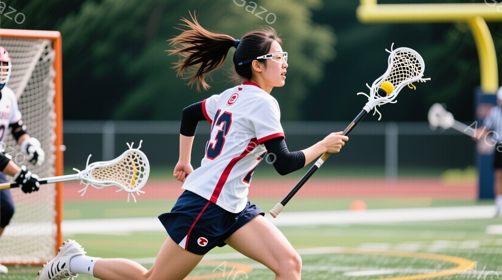 ラクロスをしている女性アスリートが写っている。彼女は紺色のショートパンツと赤と白のストライプが入った長袖シャツを着ており、背中には「3」の数字が大きくプリントされている。女性は髪をポニーテールにし、前方に走りながらラクロススティックを高く振りかざしている様子から、激しい試合展開が伺える。