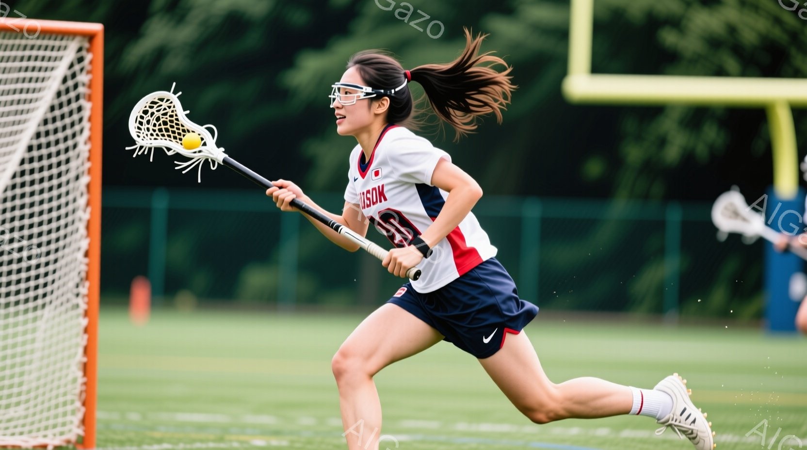 ラクロスをする女性アスリートが写っている。彼女は紺色のスカートと赤と白のストライプのラクロスシャツを着て、髪をポニーテールにしている。背景には緑の木々が見え、晴れた日の屋外での活動を連想させる。