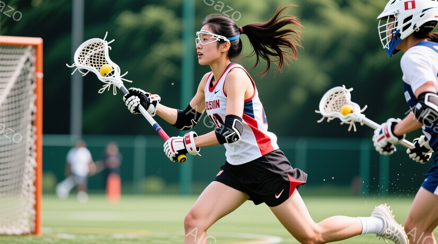 ラクロスをしている女性が写っている。彼女は黒い短パンと赤い上着を着ており、髪はポニーテールに結ばれている。背景には緑の芝生と他の選手が見え、晴れた日の屋外での試合の様子が伺える。 - AI生成フリー素材