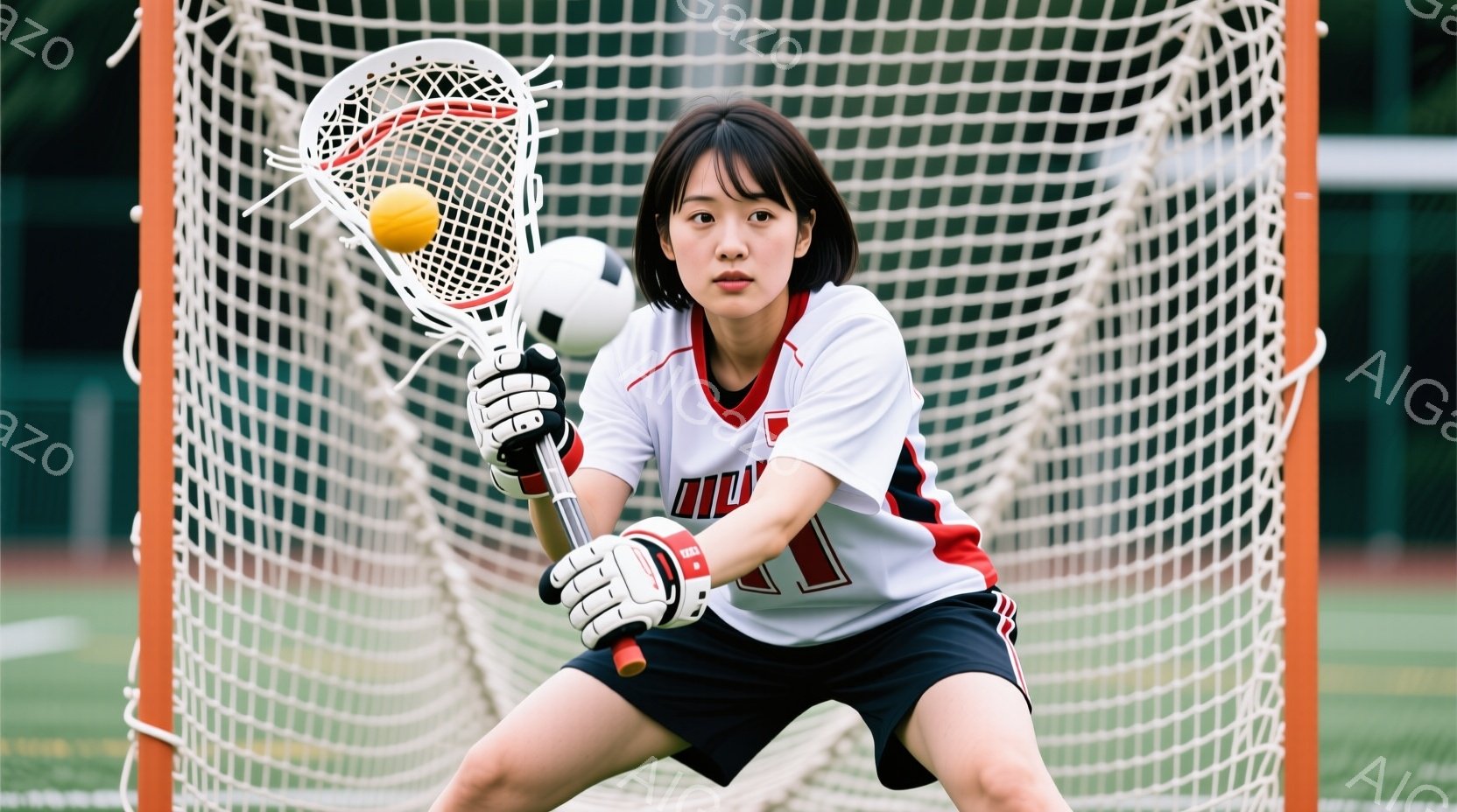 ラクロスをしている女性が写っています。彼女は黒髪のボブヘアで、白と赤のラクロスジャージと黒いショーツを着用し、顔には集中した表情を浮かべています。背景には、メッシュのゴールネットと緑のフィールドが見え、晴天の下でのスポーツシーンを捉えています。