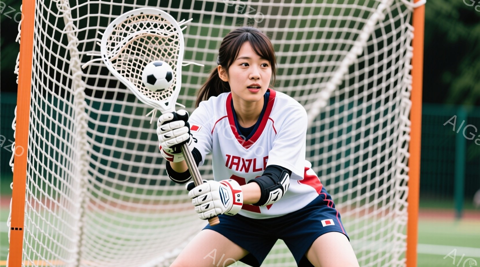 ラクロスをしている若い女性が写っています。彼女は赤と白のストライプの入ったラクロスシャツ、黒のショーツ、そして白の手袋を着用し、顔には強い決意が表れています。彼女は膝を曲げ、ラクロスのスティックでボールをしっかりと捉え、ゴールネットを背景にしています。
