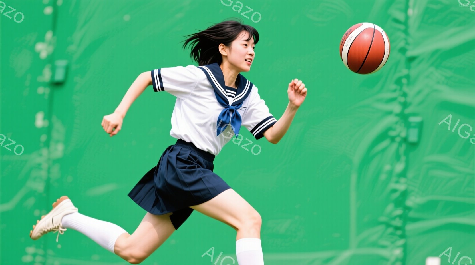 制服姿の女子学生が、ドリブルしているバスケットボールを追いかけながら走っている様子が写っている。彼女は紺色のスカートと白いブラウスの制服を着ており、髪は肩まで届く長さで、動きに合わせて少し乱れている。 - AI生成フリー素材