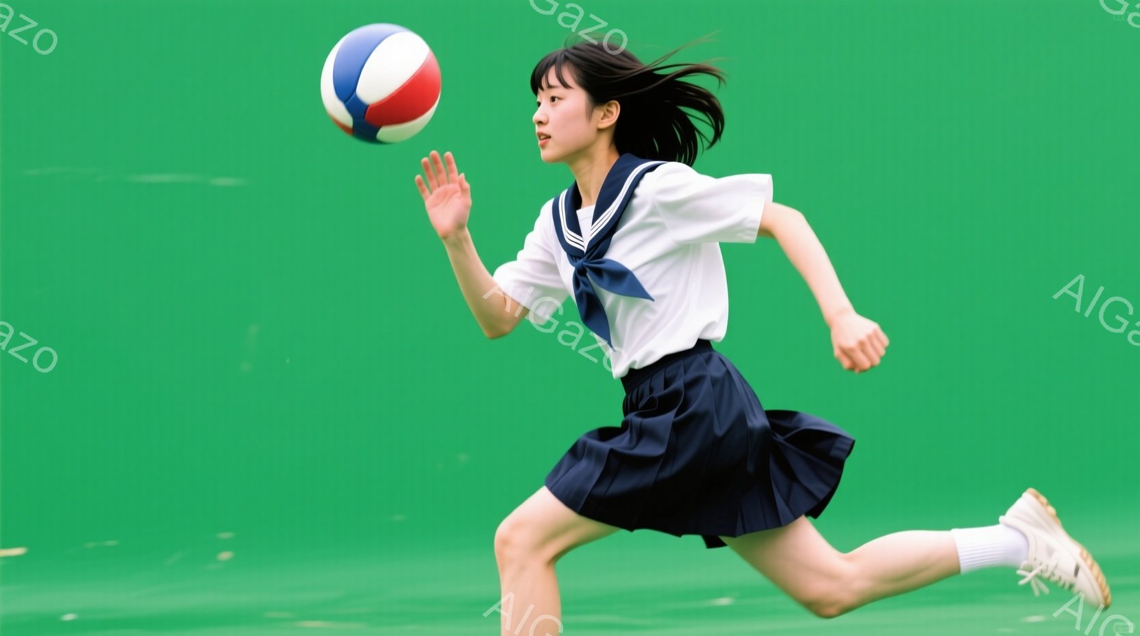 制服姿の女子高生が、走りながらバレーボールを高く投げている様子が写っている。紺色のリボンとスカート、白のブラウスという制服を着ており、髪はポニーテールにしている。背景は緑色の芝生で、晴天の下、活気に満ちたスポーツシーンが表現されている。