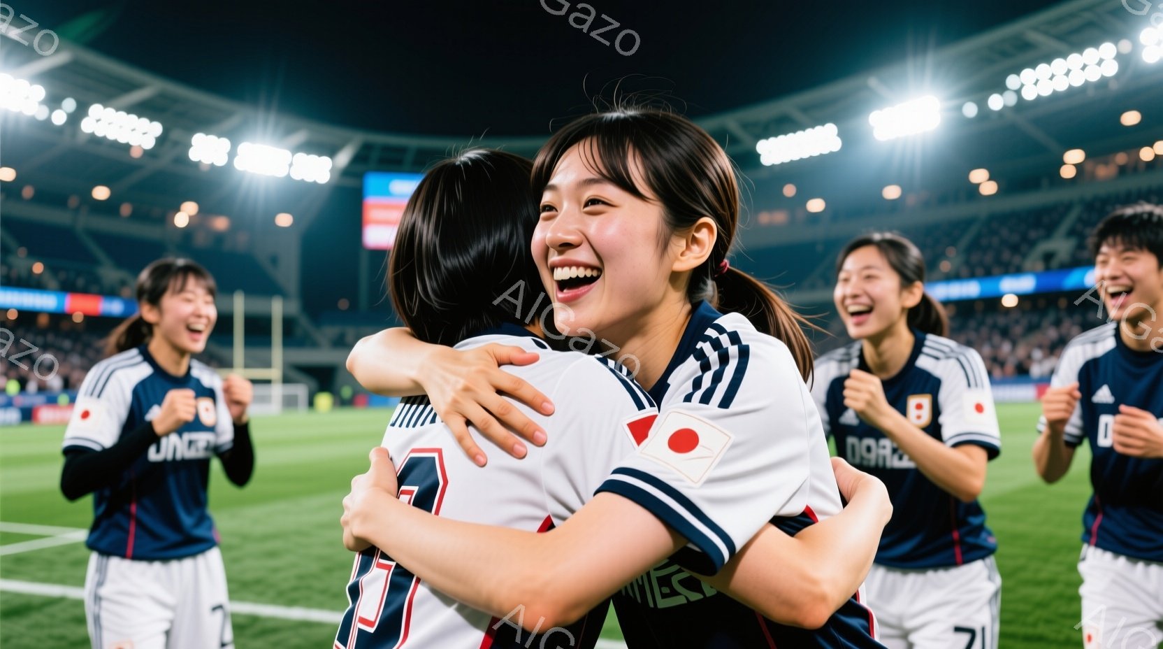 サッカーの試合後、日本の女子選手たちが喜びを分かち合って抱き合っている様子が写っている。選手たちは白を基調としたユニフォームに、赤いラインと青い袖が特徴的なデザインで、髪型はポニーテールやショートヘア - AI生成フリー素材
