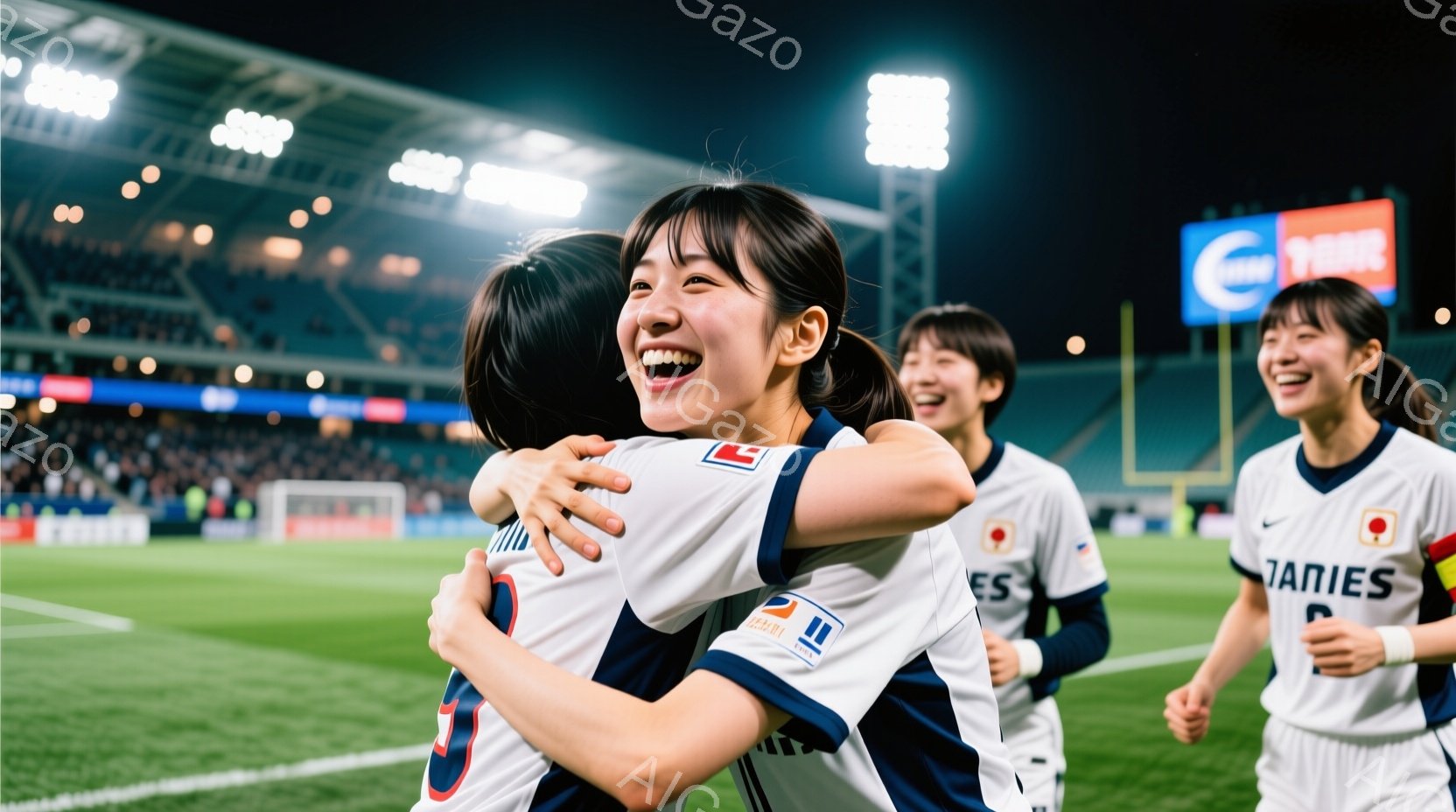 サッカー場の緑の芝生の上で、日本の女子サッカー選手たちが勝利を喜び合っている様子が写っている。選手たちは白を基調としたユニフォームを着用し、髪をポニーテールにしている者が多い。背景には夜間のスタジアム - AI生成フリー素材