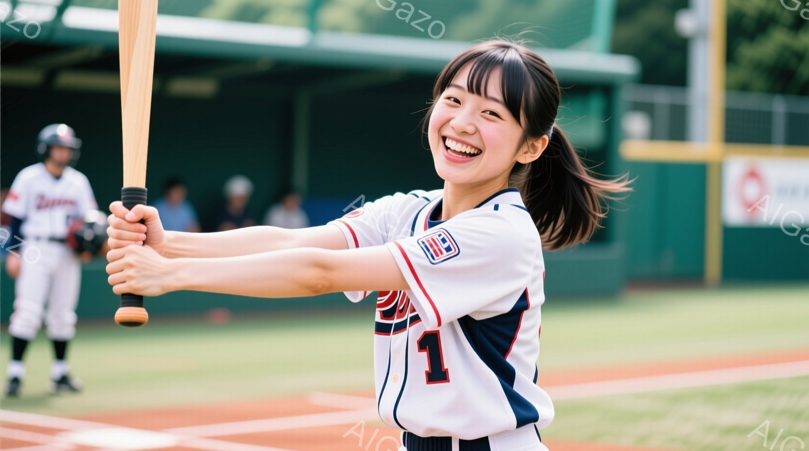 笑顔の女性が野球のバットを構え、スイングの準備をしている様子が写っている。彼女は白いユニフォームに「1」の背番号が書かれ、髪はポニーテールに結ばれている。背景には野球場が見え、青空と緑の芝生が広がり、 - AI生成フリー素材