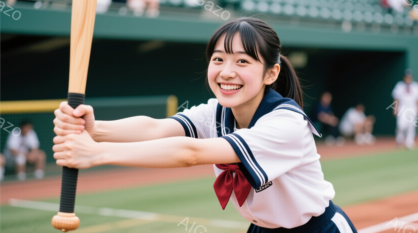制服姿の若い女性が野球のバットを構えている。彼女は明るい笑顔で、少し横を向いて、バットを両手でしっかりと握り、スイングの準備をしているようだ。背景には緑色の野球場があり、観客席が見えることから、試合や - AI生成フリー素材