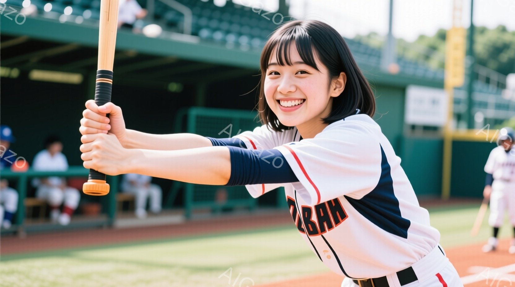 野球場でバッターの構えをとる若い女性が写っています。彼女は白い野球ユニフォームに黒いパンツ、そして帽子を着用し、笑顔を見せています。背景には緑の野球場、観客席、そして晴れた空が広がっており、明るく活気 - AI生成フリー素材