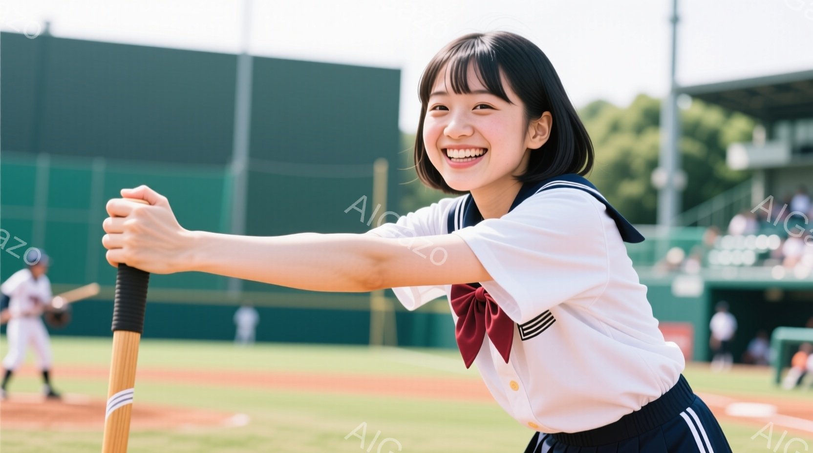 少女は野球場でバットを構え、満面の笑みを浮かべている。紺色のセーラー服を着ており、ダークブラウンのショートヘアが肩にかかっている。背景には緑の芝生と観客席、そして晴天の空が広がっており、明るく活気のあ - AI生成フリー素材