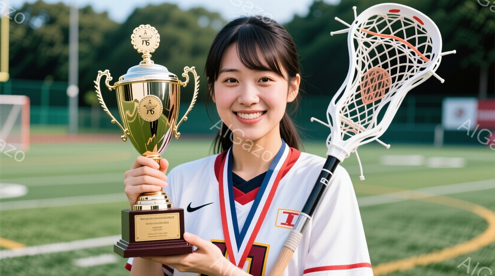 ラクロス選手と思われる若い女性が、トロフィーとラクロススティックを持って笑顔で立っています。彼女は白地にネイビーとゴールドの縁取りが入ったラクロスユニフォームを着用し、髪は肩まで届く長さで、前髪は少し - AI生成フリー素材