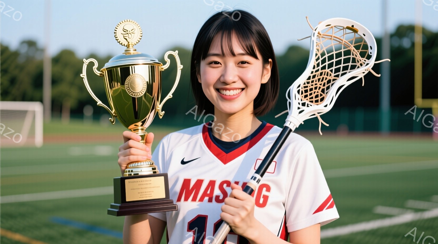 若い女性が、ラクロススティックとトロフィーを持って微笑んでいます。彼女は、赤い縁取りのある白いラクロスのユニフォームを着ており、髪は肩の長さで、前髪があります。背景には緑の芝生と木々が見え、晴れた日の - AI生成フリー素材