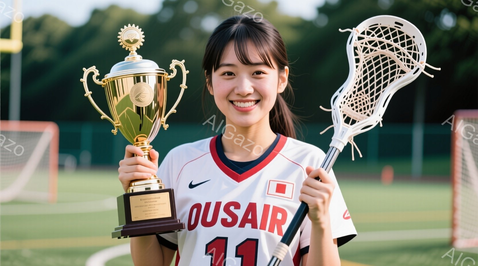 ラクロスウェアのユニフォームを着た若い女性が、トロフィーとラクロススティックを持って微笑んでいます。彼女は白いユニフォームに、胸元に日本の国旗と「ROSAIR」という文字、そして背中に「11」という数字が入っています。背景には緑豊かな木々と、一部見えるラクロスのゴールがあり、晴れた日の屋外で撮影されたようです。