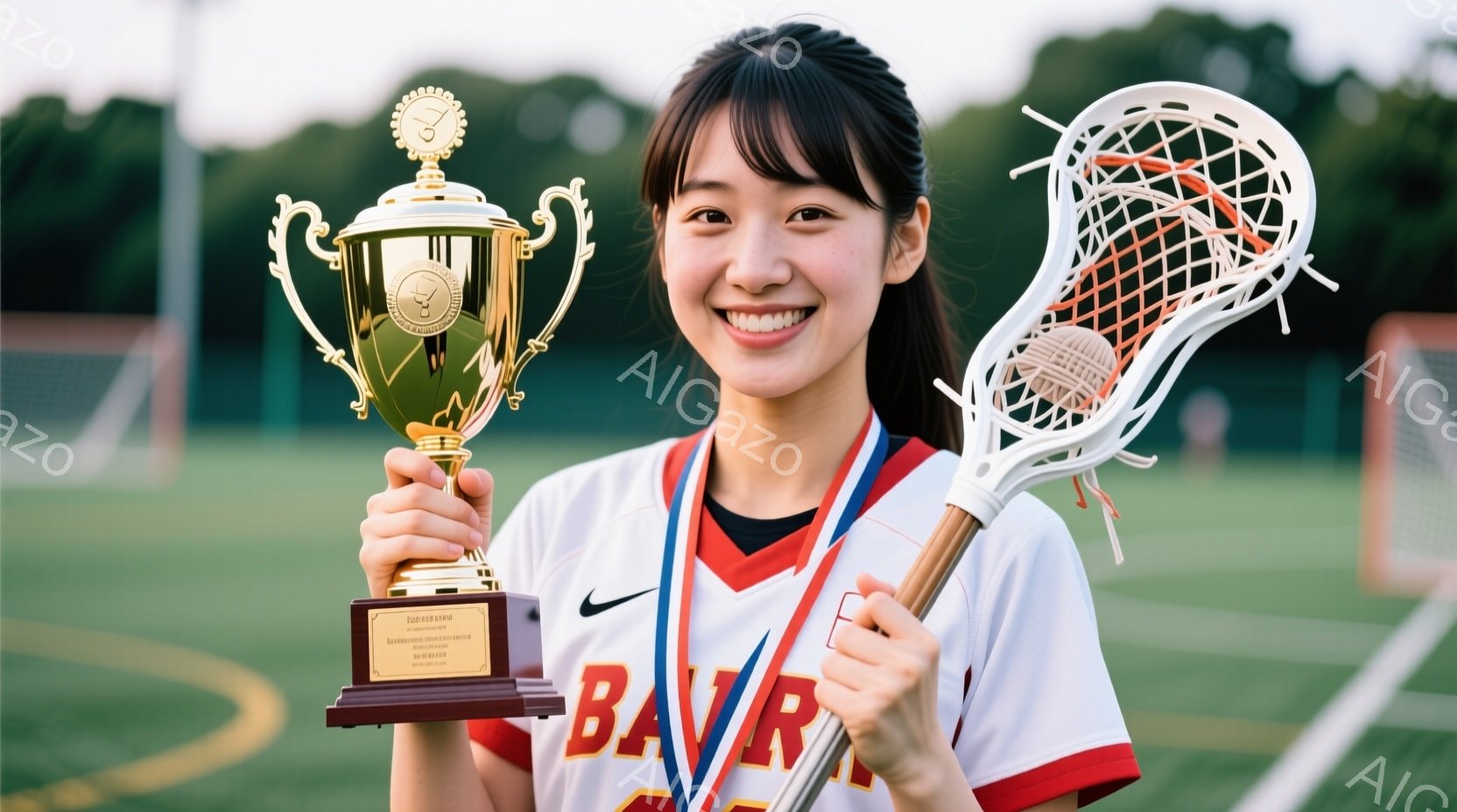 若い女性がラクロススティックとトロフィーを持って笑顔で立っています。彼女は白地に赤と黒の文字が入ったラクロスユニフォームとメダルをつけており、髪は後ろでポニーテールにまとめています。背景は緑の芝生とぼ - AI生成フリー素材