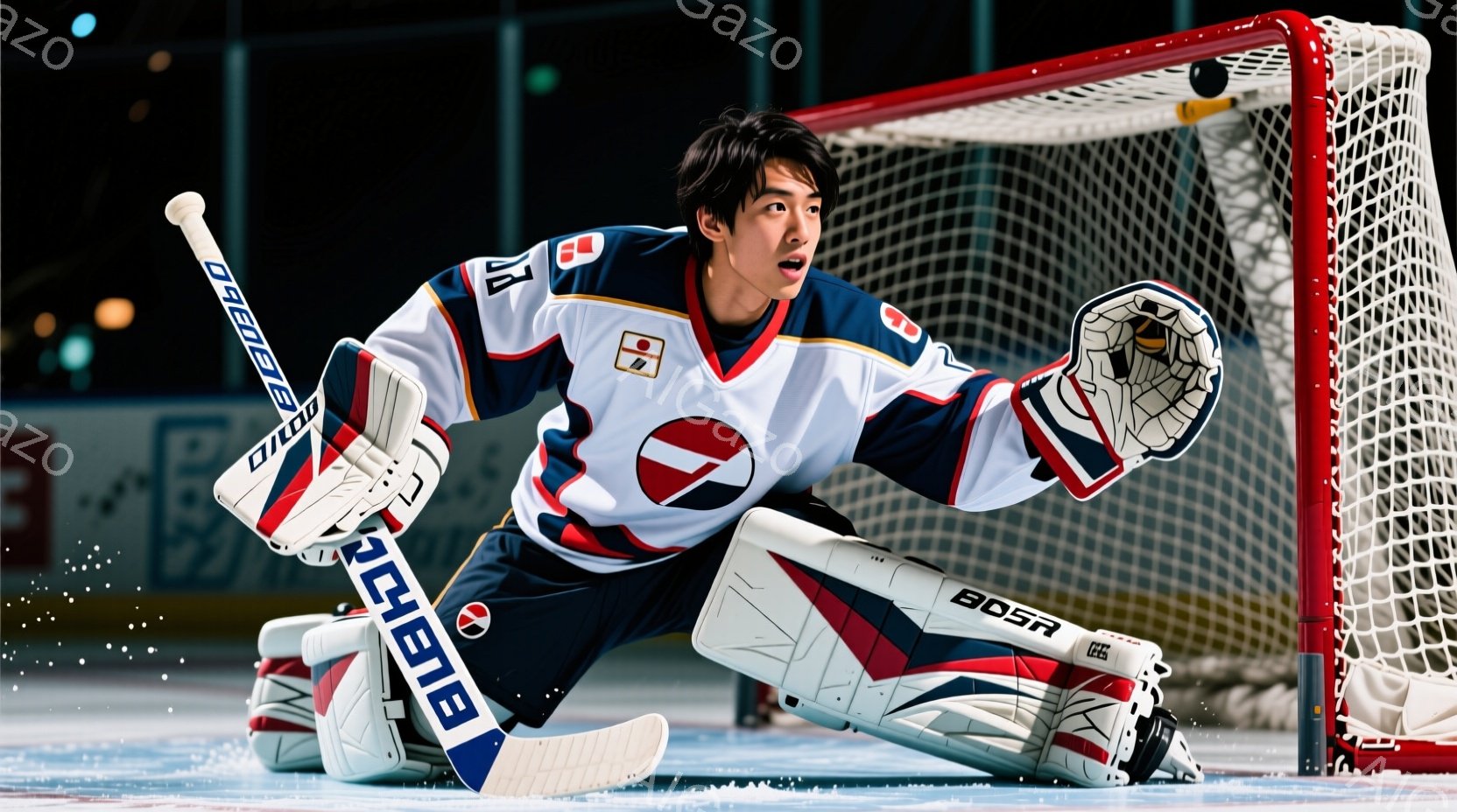 アイスホッケーのゴールキーパーが、試合中に体を低く構え、迫りくるパックに備えている姿が描かれています。彼は白を基調とした青と赤のラインが入ったユニフォームを着用し、ヘルメットを被っています。背景はアイスリンクで、氷が舞い上がっており、緊張感と躍動感のある雰囲気を醸し出しています。