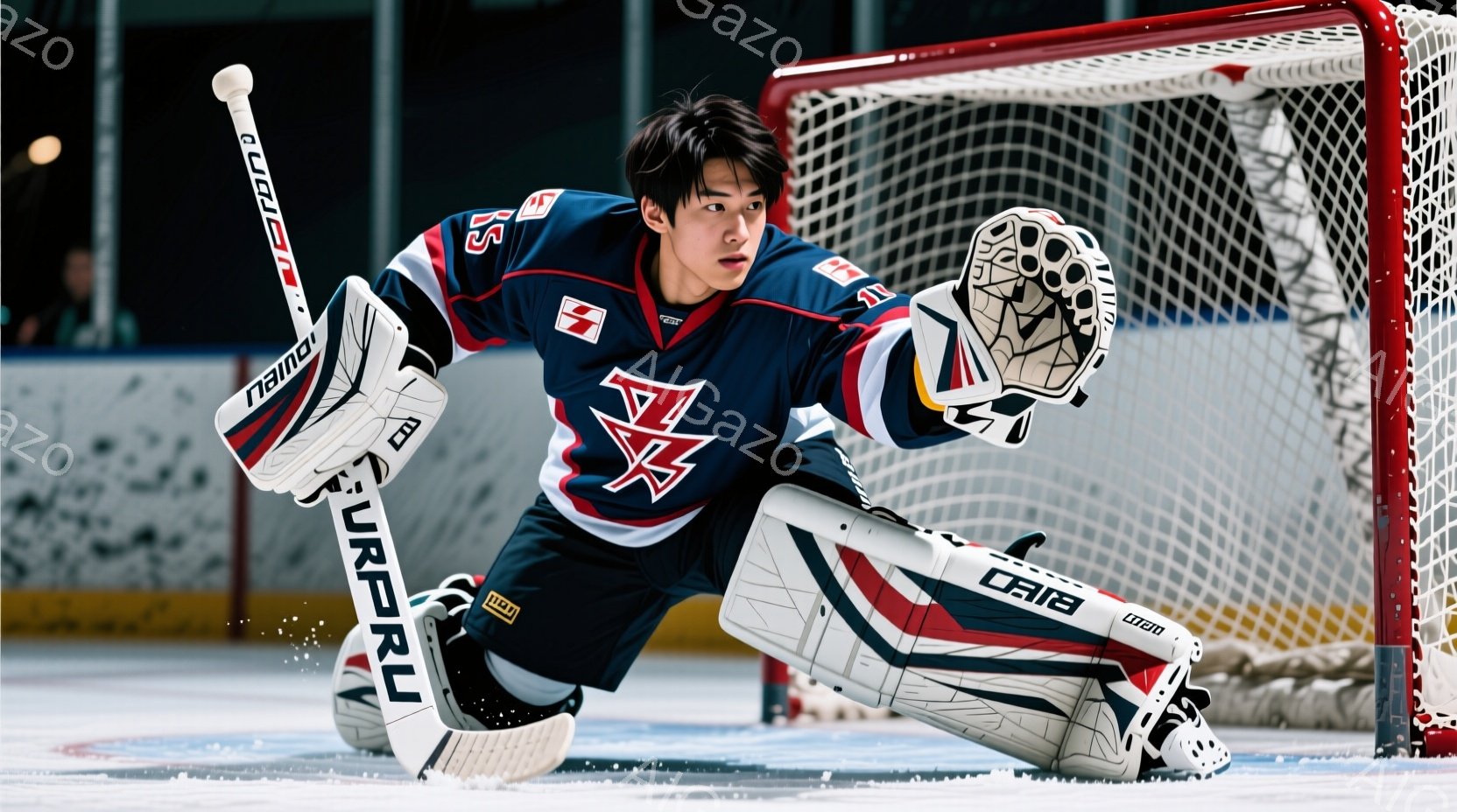 アイスホッケーのゴールキーパーが、青と赤のユニフォームとプロテクターを身に着け、集中した表情でしゃがみこんでいます。彼は白いヘルメットをかぶり、黒髪が少し覗いています。背景にはアイスホッケーリンクがあ - AI生成フリー素材
