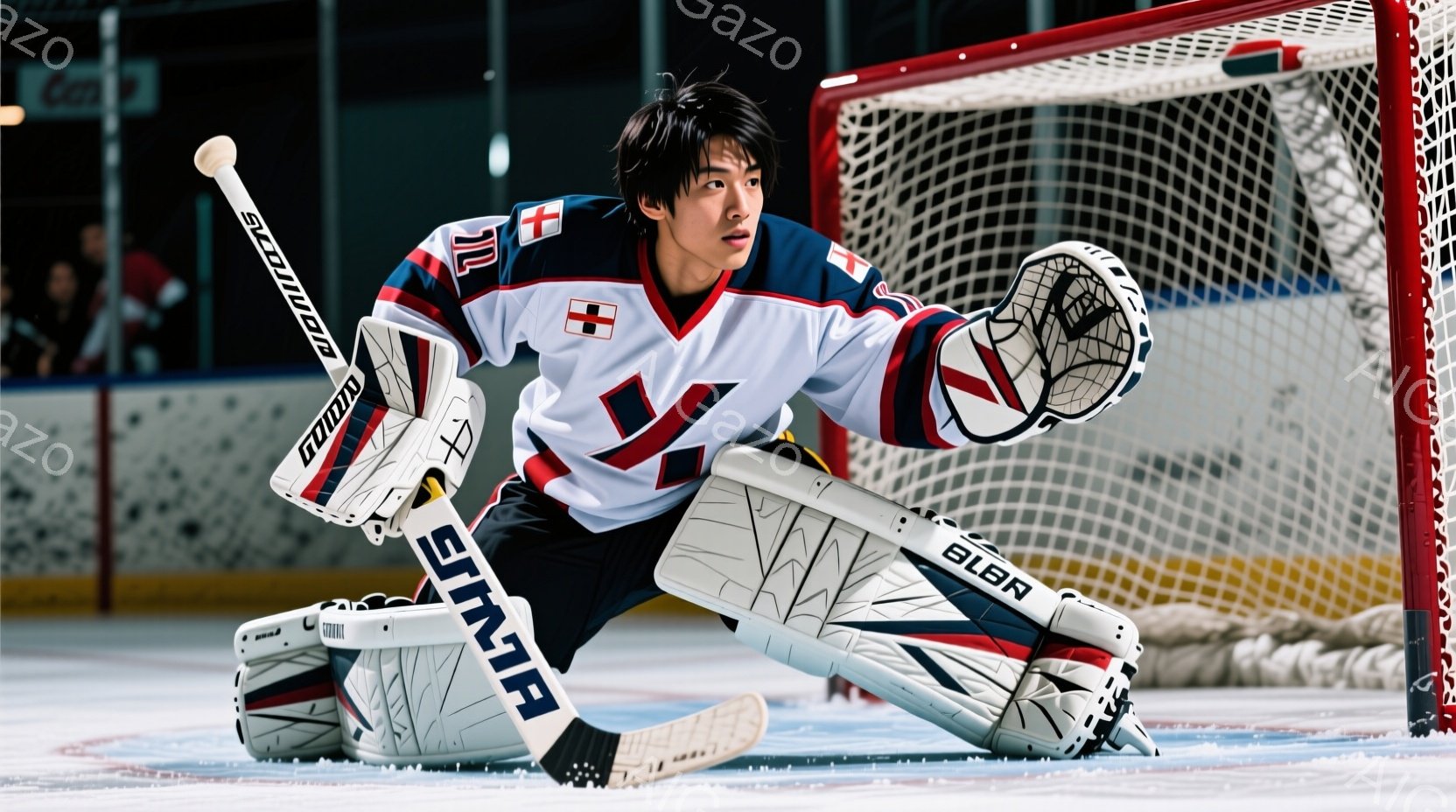 アイスホッケーのゴールキーパーである若い男性が、白、赤、青を基調としたユニフォームを着用し、屈んだ姿勢で構えています。黒髪を短くカットし、集中した表情で、次の動きに備えているようです。背景はアイスホッ - AI生成フリー素材
