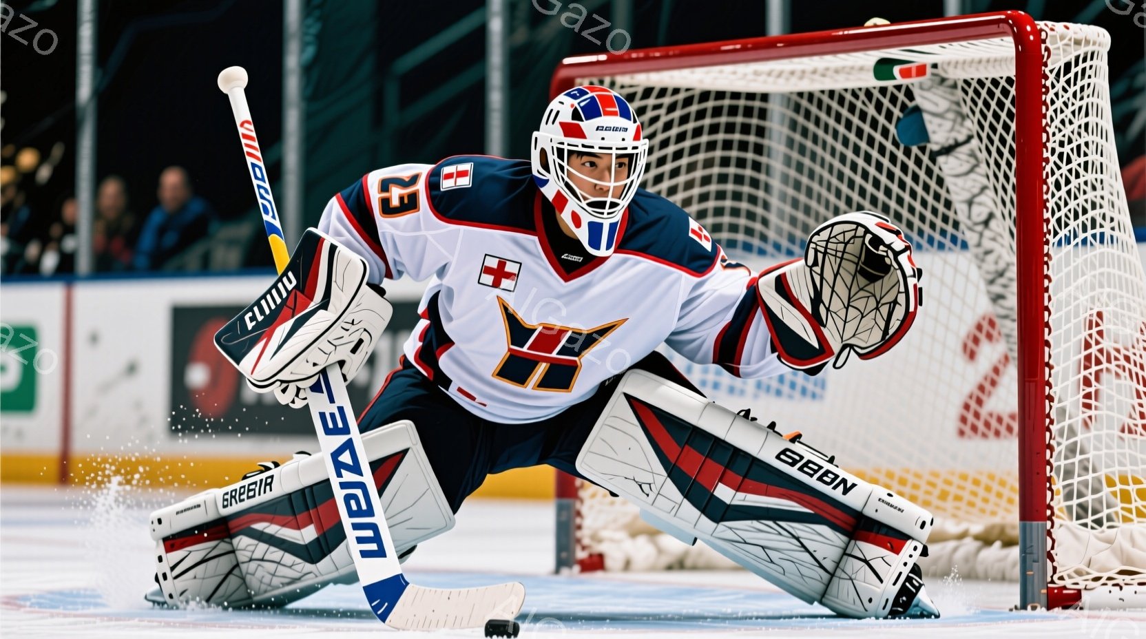 アイスホッケーのゴールキーパーが、身構え、膝を曲げ、両手を前に伸ばしてショットを阻止しようとしています。彼は白を基調とした、赤と青のラインが入ったユニフォームとヘルメットを着用し、集中した表情をしています。背景には観客席が見え、氷上での激しいプレーを予感させる緊迫感のある雰囲気です。