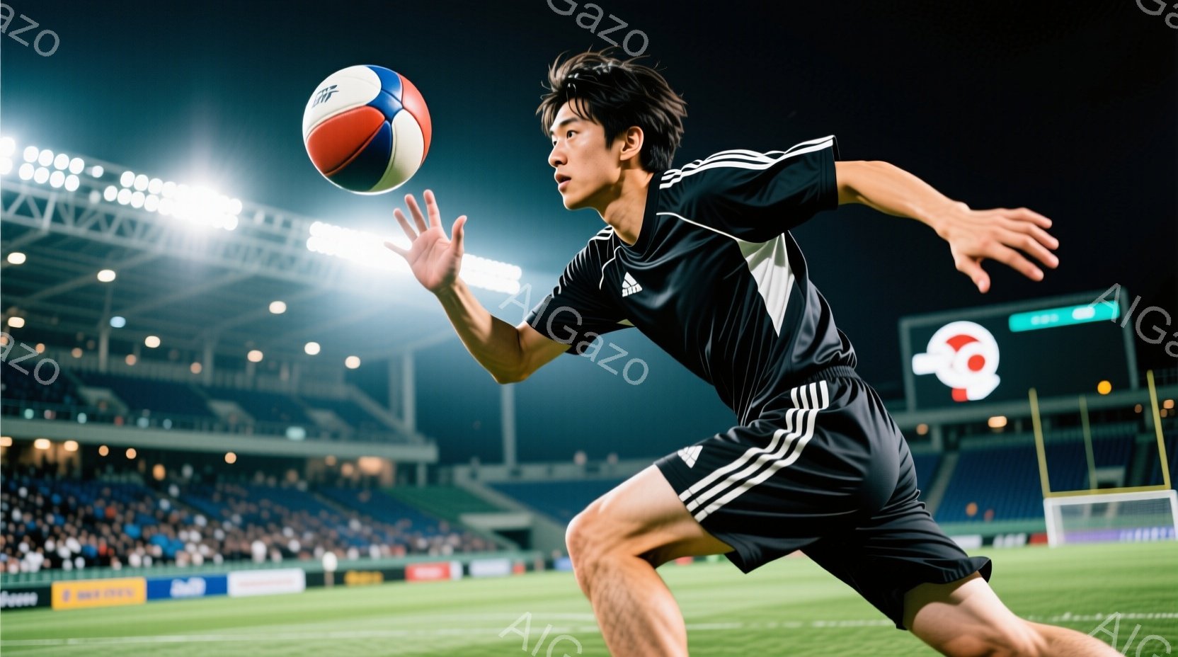 サッカー選手が緑の芝生の上を走っており、ボールを足で巧みに扱っている様子が捉えられています。黒いユニフォームと白いスリーストライプ、ショートパンツを着用し、髪は少し無造作にセットされています。背景には観客席と照明が灯るスタジアムがあり、夜間のサッカーマッチの臨場感あふれる雰囲気が伝わってきます。