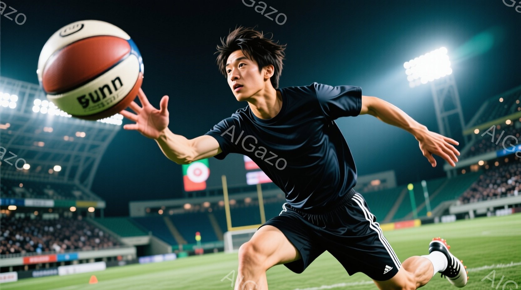 黒いトレーニングウェアと短パンを着用した男性が、芝生のフィールド上でラグビーボールを前に投げている姿が捉えられています。彼の髪型は短く、表情は集中しており、動きの勢いを感じさせます。背景には観客席が広がり、夜間のスタジアムの照明が明るく照らし出されており、競技の熱気を帯びています。