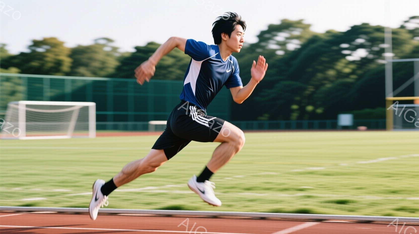 短い黒髪の男性が、青と白のスポーツウェアと黒のショートパンツ、白いスニーカーを着用し、陸上競技場で走っている。彼の表情は真剣で、腕と脚は力強く前方に伸び、スピード感を強調している。背景には緑豊かな芝生 - AI生成フリー素材
