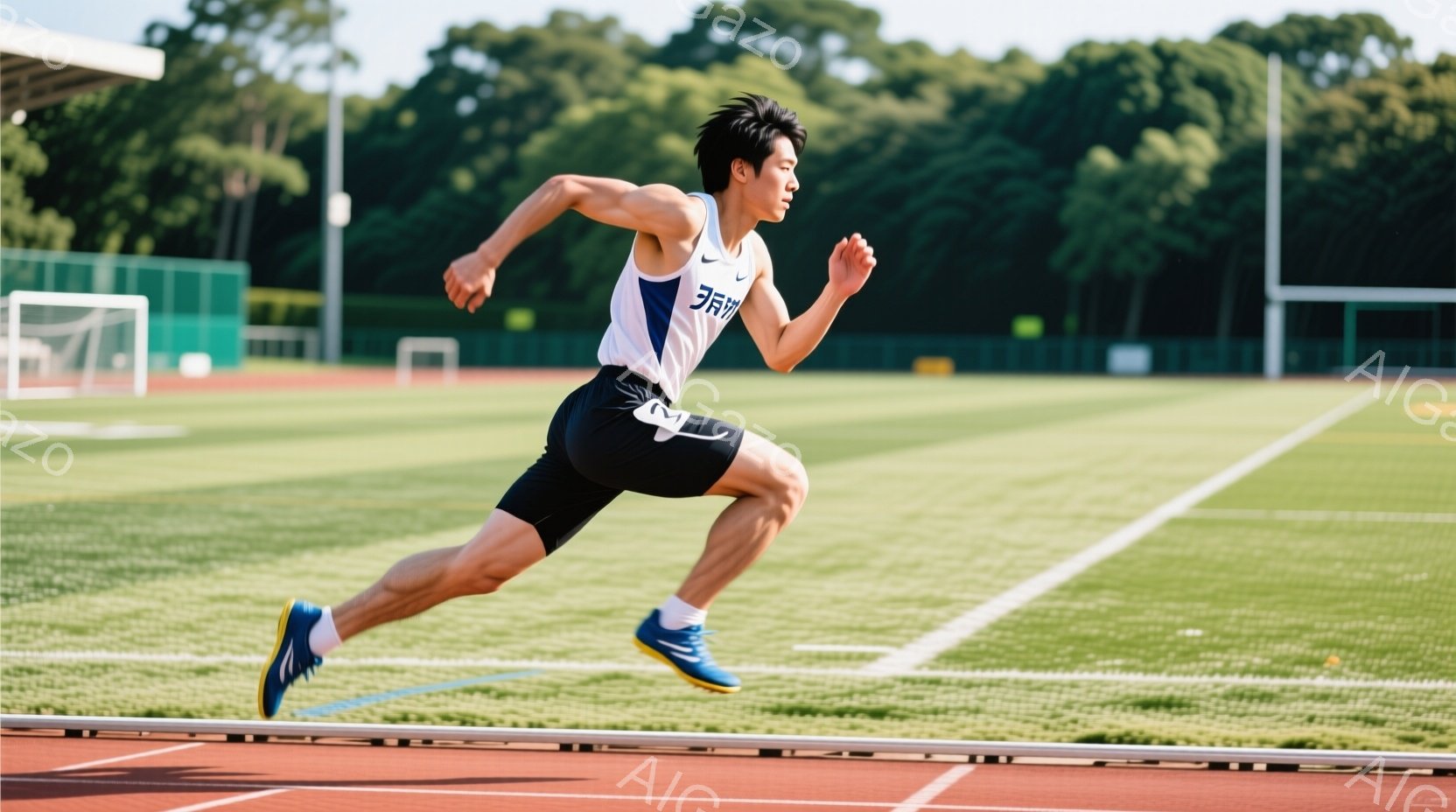 陸上競技場を疾走する若い男性が写っている。彼は白いタンクトップに黒い短パン、青いランニングシューズを履いており、額には汗が光っている。背景には緑の芝生とトラック、そして遠くに見える建物があり、晴れた日 - AI生成フリー素材