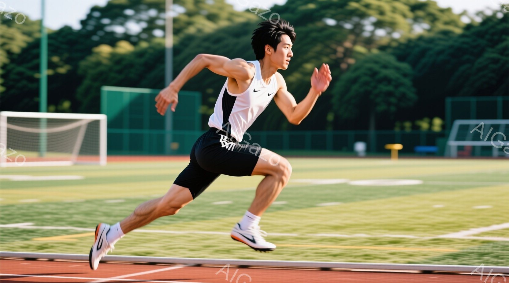 若い男性が競技場で全力疾走している様子が捉えられています。彼は黒のショートパンツと白いタンクトップ姿で、Nikeのロゴが入ったスニーカーを履いています。背景には緑豊かな芝生と、遠くに見える建物があり、 - AI生成フリー素材