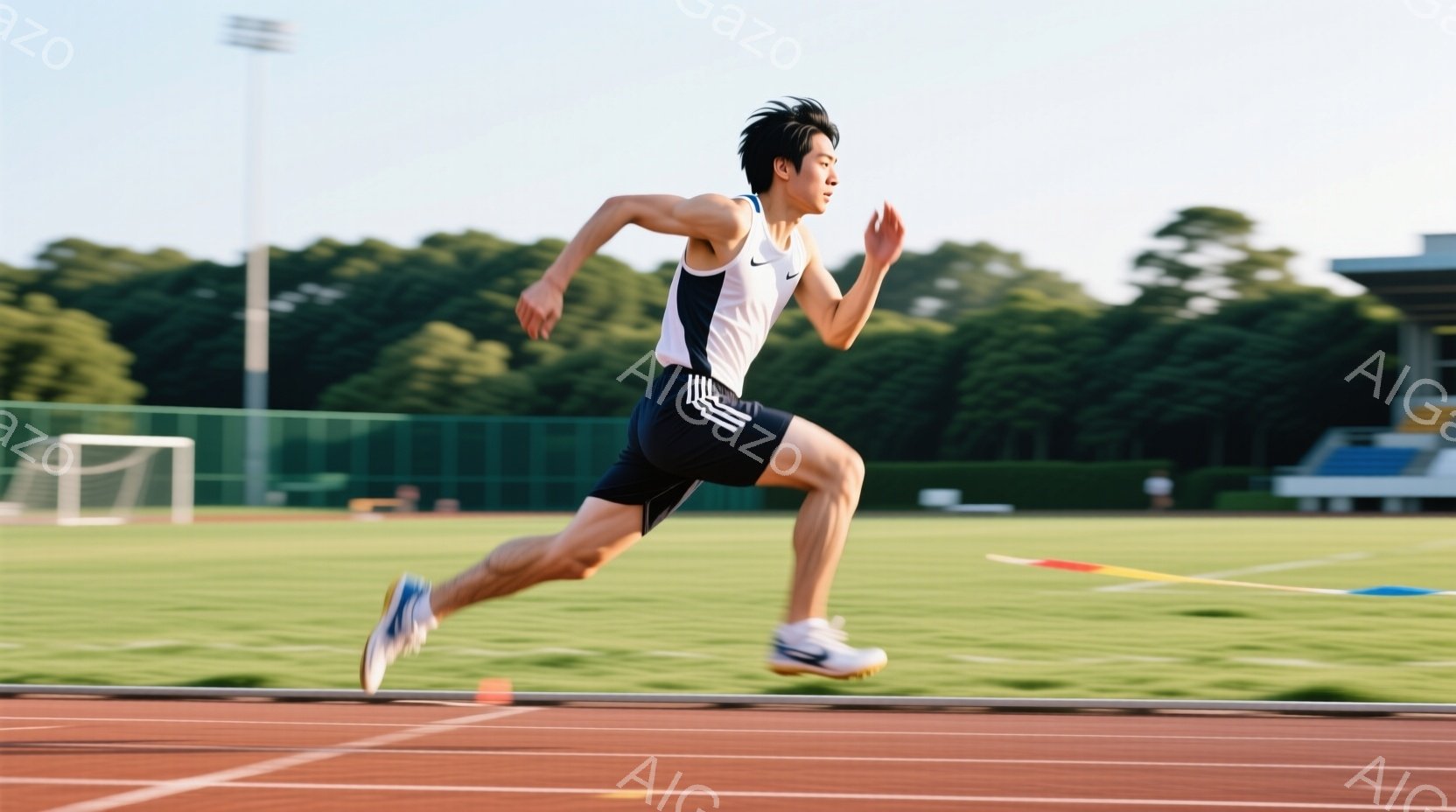 陸上競技場で疾走する男性の姿が捉えられている。彼は黒いタンクトップと短い黒い陸上競技用ショーツを着用し、白いランニングシューズを履いている。背景には緑豊かな芝生と、遠くに見える建物、そして晴天の空が広 - AI生成フリー素材