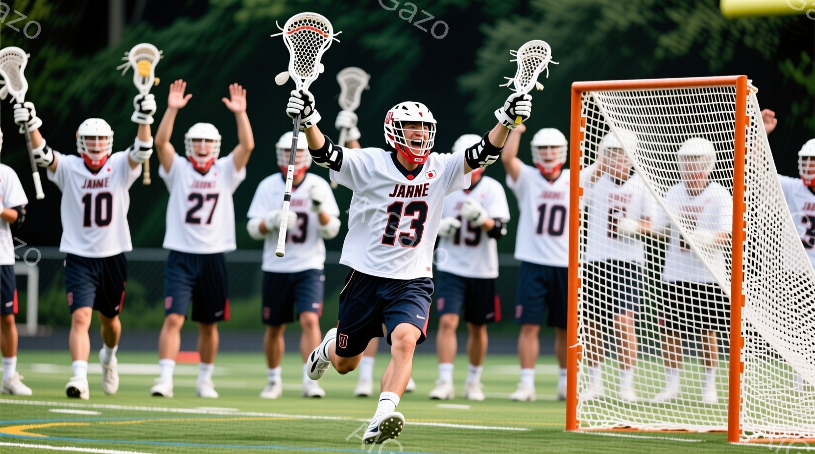 ラクロスをする選手たちが写っています。白と紺のユニフォームを着ており、13番の選手は両手を上げて走り、勝利を喜んでいるようです。背景には緑豊かな芝生と木々が見え、晴れた日の屋外での試合や練習風景である - AI生成フリー素材