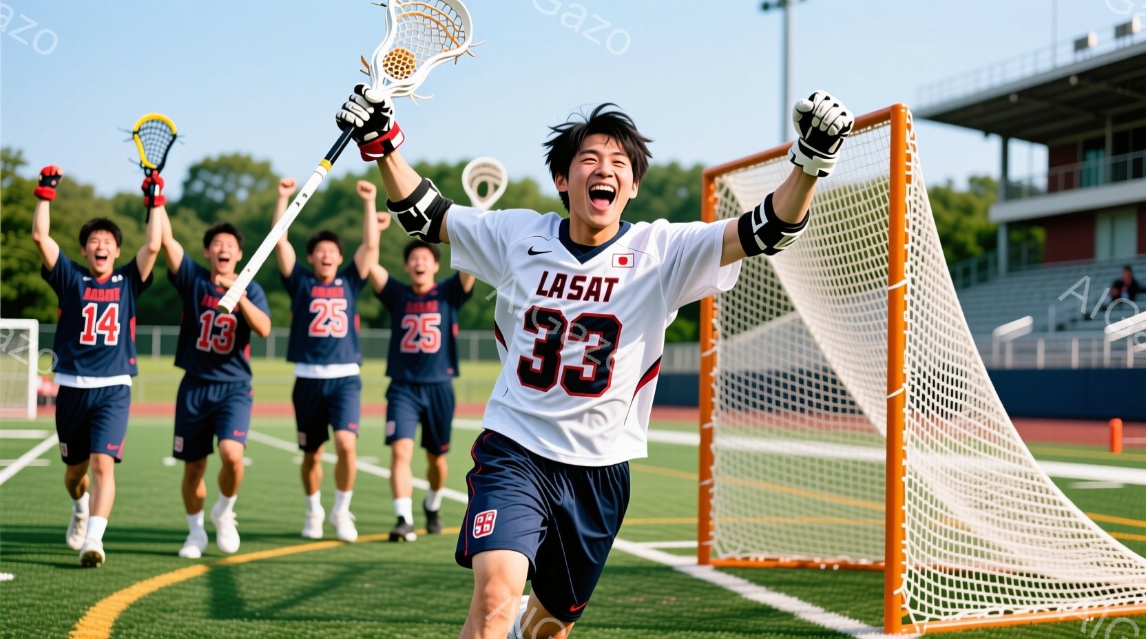 ラクロスをしている若い男性が、白とネイビーのユニフォームを着て、勝利を祝うように両手を高く上げて叫んでいます。背景には、同じユニフォームを着たチームメイトたちが喜び、緑の芝生とゴールネット、そして晴れ - AI生成フリー素材