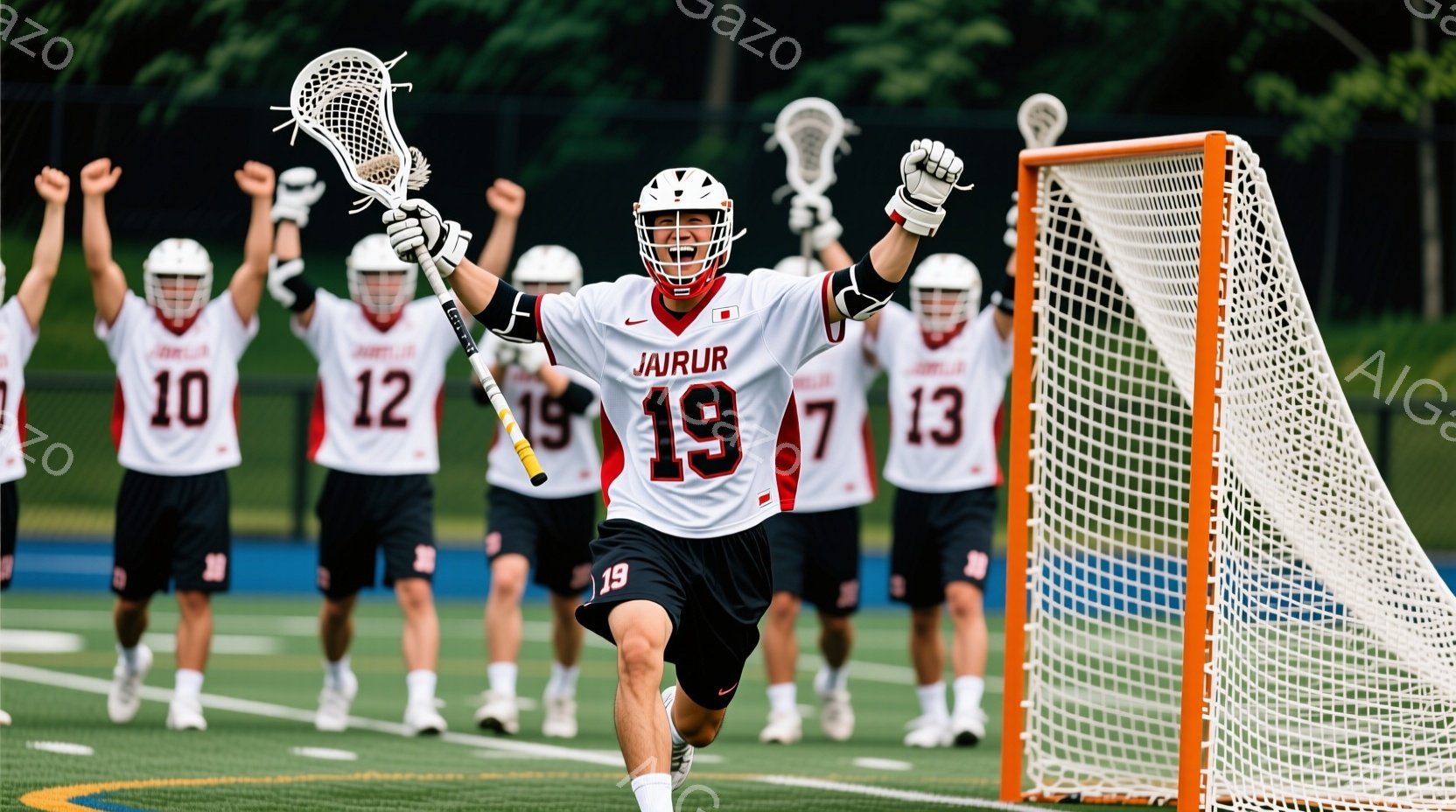 ラクロスをしている選手が写っています。白いユニフォームに赤い数字の19と日本の国旗が描かれ、黒いショーツを着用しています。背景には同じユニフォームを着たチームメイトたちがおり、歓声を上げているように見 - AI生成フリー素材